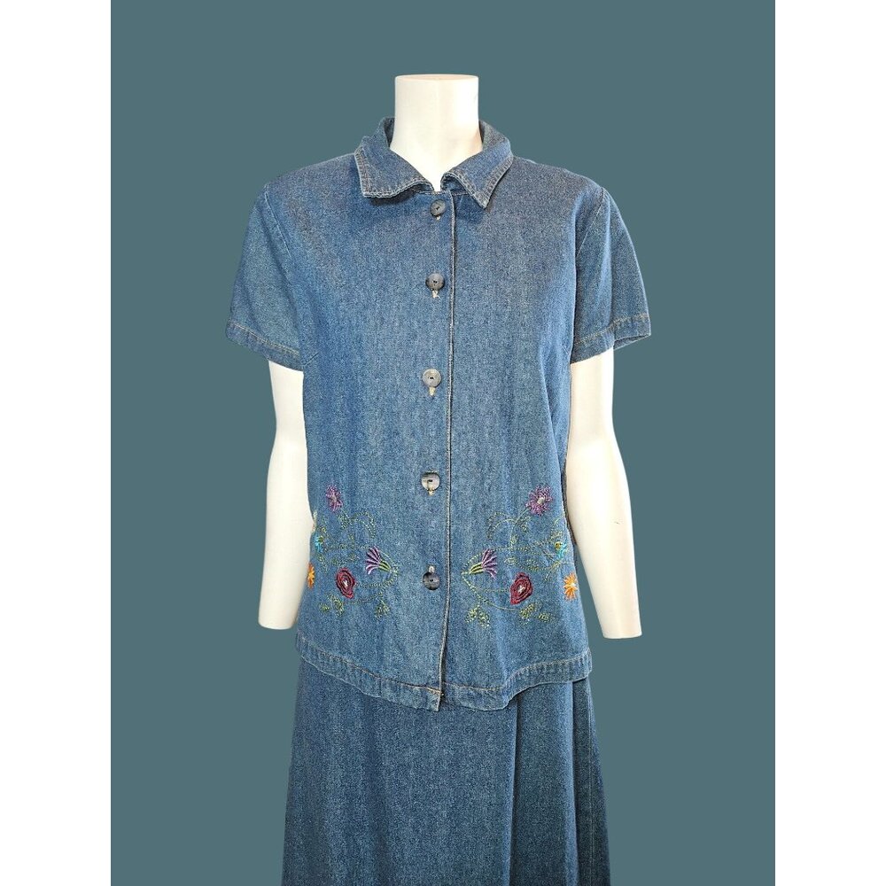 Victoria Holly Vtg Denim Embroidered Maxi/Midi OVERALL Dress W/ Jacket Women 8